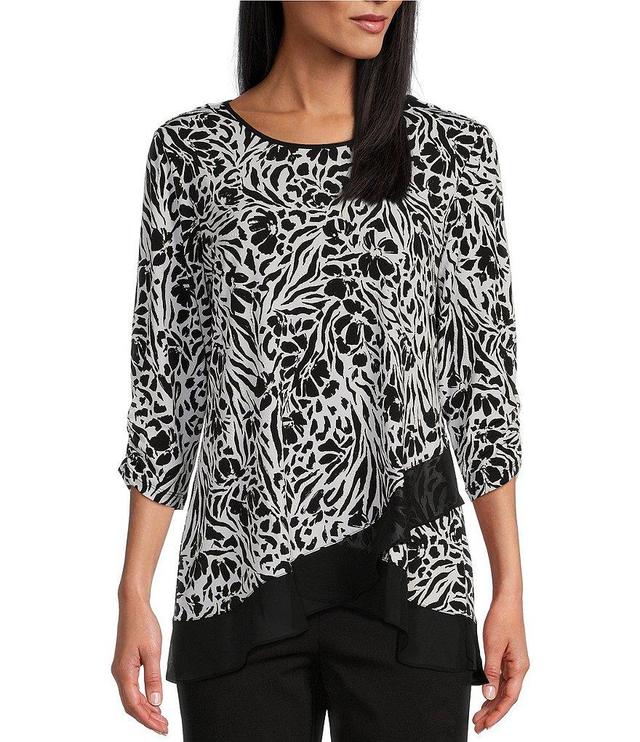 Allison Daley Floral Zebra Print 3/4 Sleeve Crew Neck Ruffle Hem Knit Top Product Image