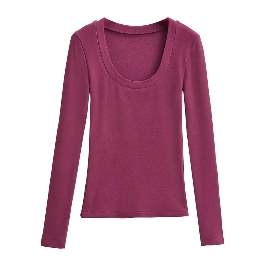 Long Sleeve Scoop Neck Plain Crop T-Shirt Product Image