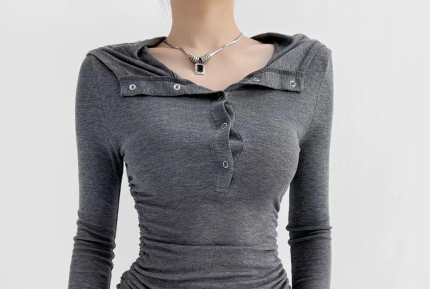 Long-Sleeve Plain Hooded Drawstring T-Shirt Product Image