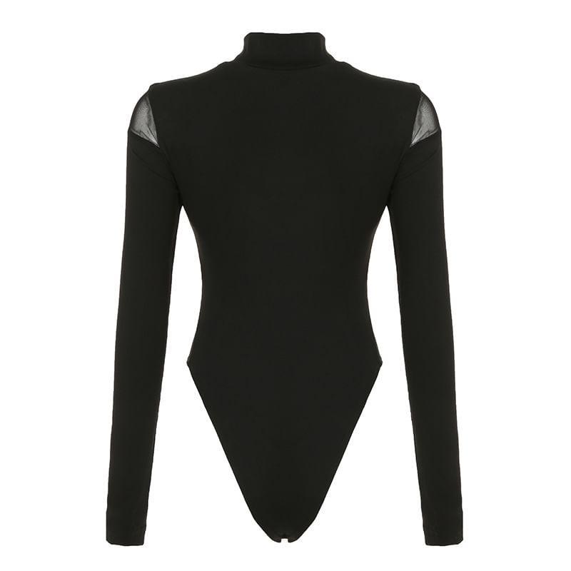 Long-Sleeve High Neck Paneled Mesh Panel Bodysuit Top Product Image