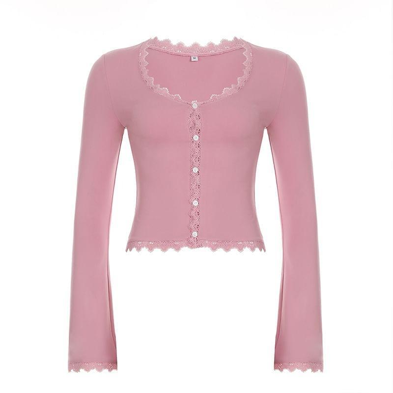 Long Sleeve V-Neck Lace-Trim Plain Slim-Fit Crop Top Product Image