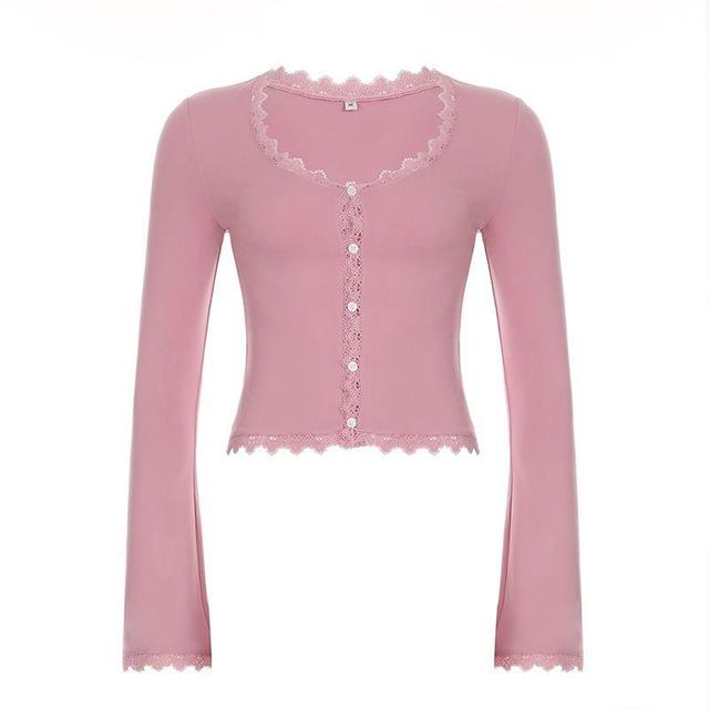 Long Sleeve V-Neck Lace-Trim Plain Slim-Fit Crop Top Product Image