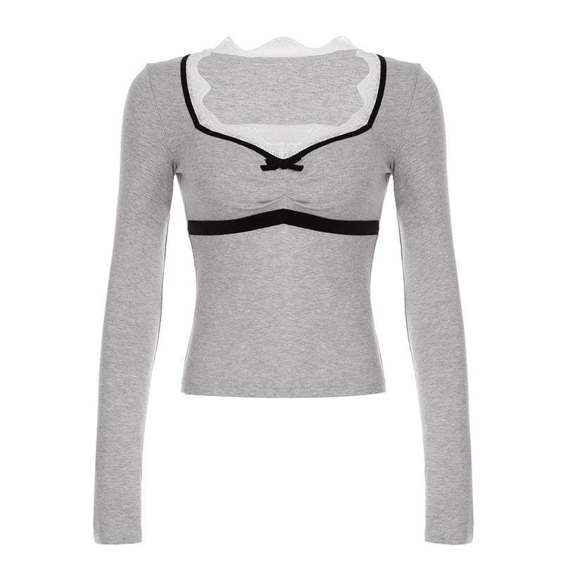 Long-Sleeve Color Block Bow Lace Panel Slim Fit T-Shirt Product Image