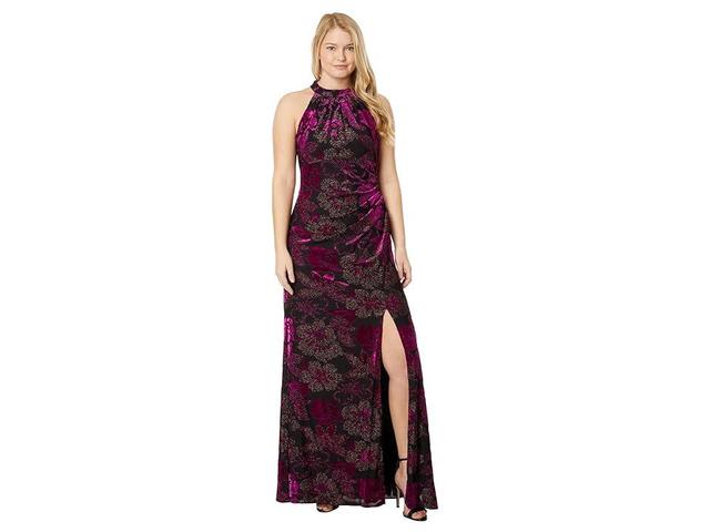 Adrianna Papell Metallic Velvet Long Halter Gown Violet) Women's Dress Product Image