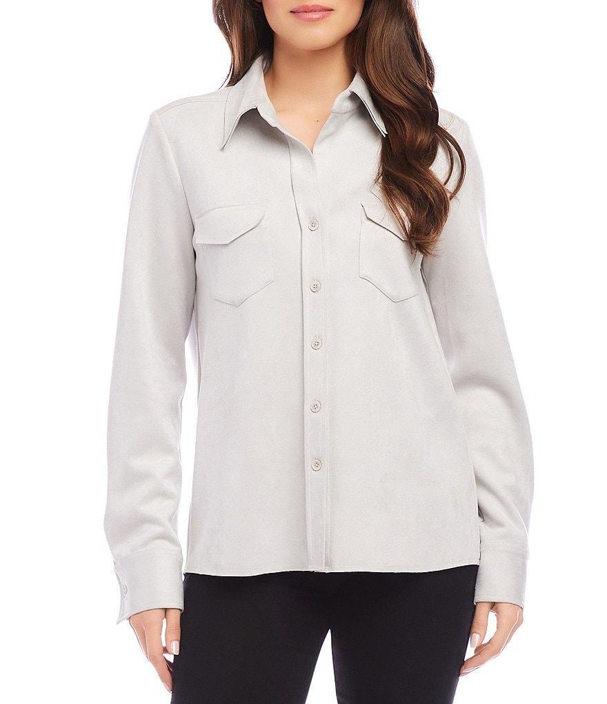 Karen Kane Stretch Faux Suede Collared Neckline Long Sleeve Button Front Shirt Product Image