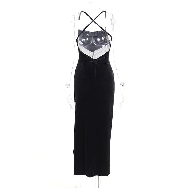 Spaghetti Strap Lace Panel Velvet Maxi A-Line Dress Product Image