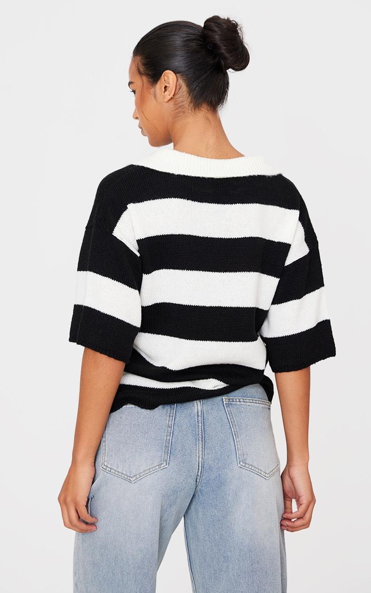 Monochrome Stripe Knit V Neck Oversized Rugby Top Product Image