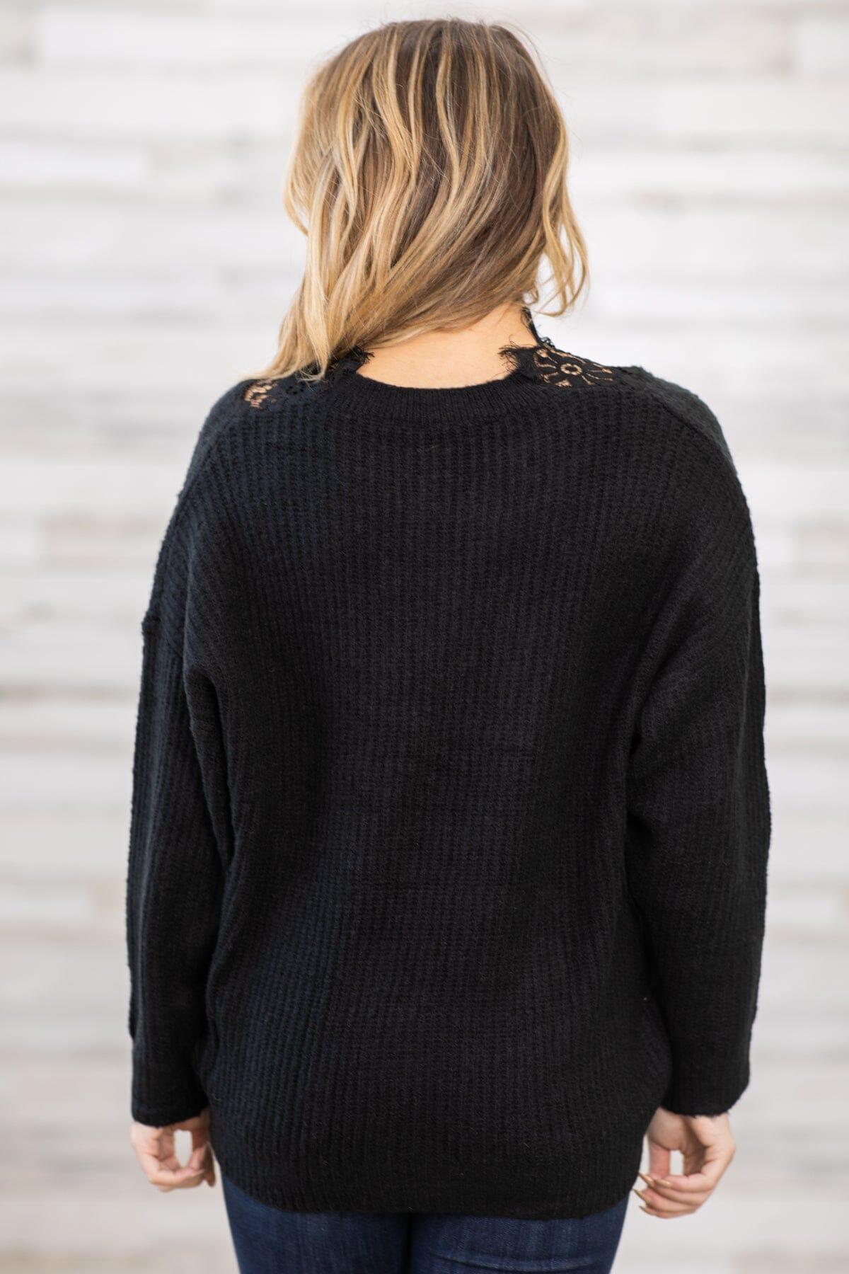 Black Lace Trim Rib Knit Sweater Product Image