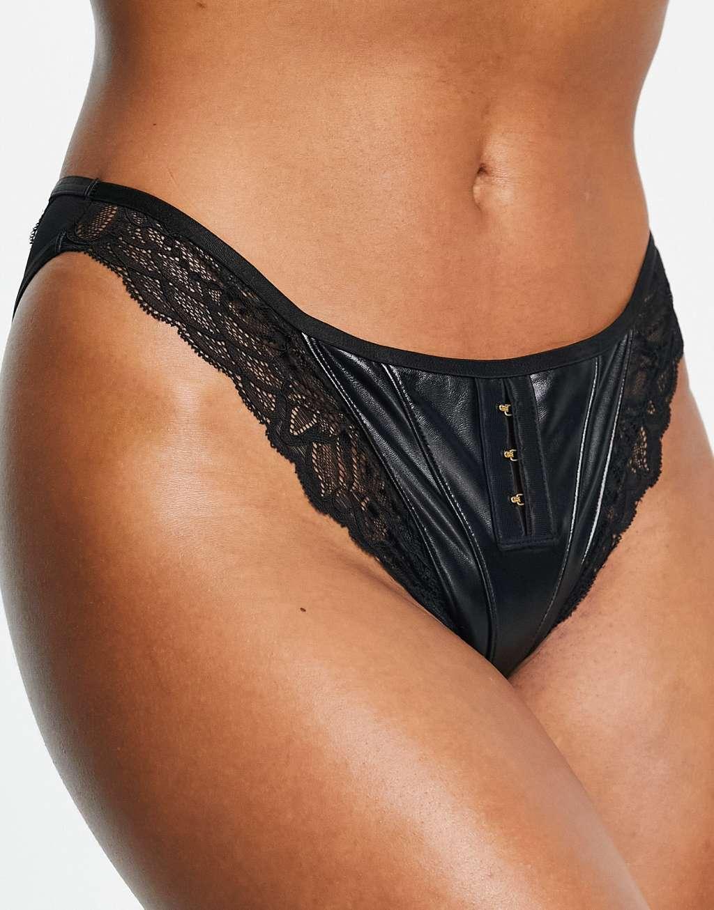 Figleaves Erin PU and lace detail brazilian brief in black Product Image