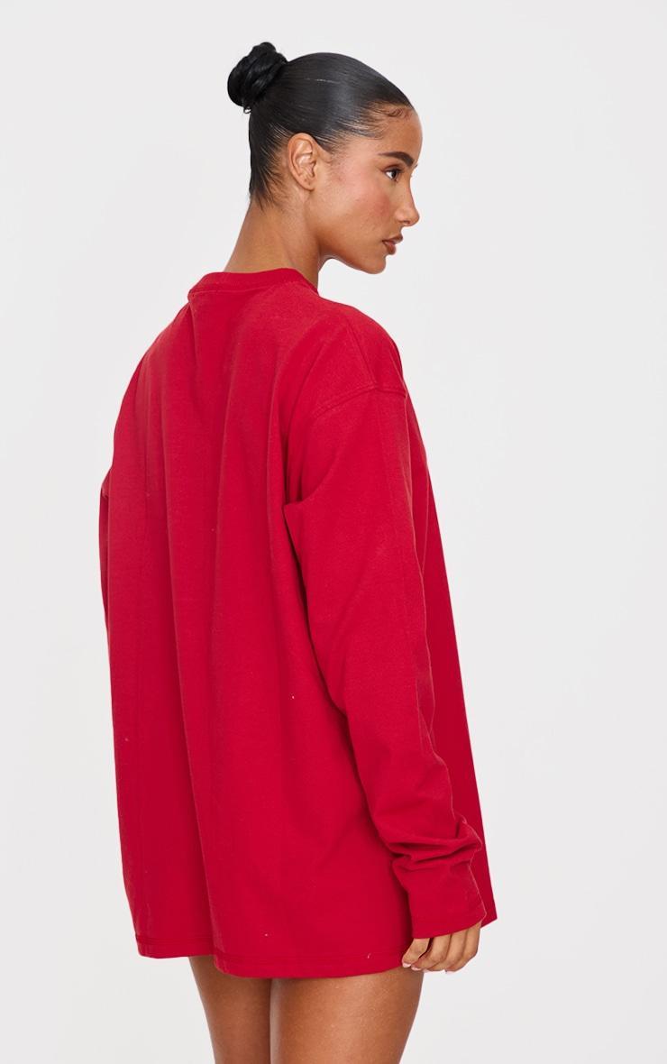 Dark Red Print Oversized Long Sleeve T-Shirt Product Image