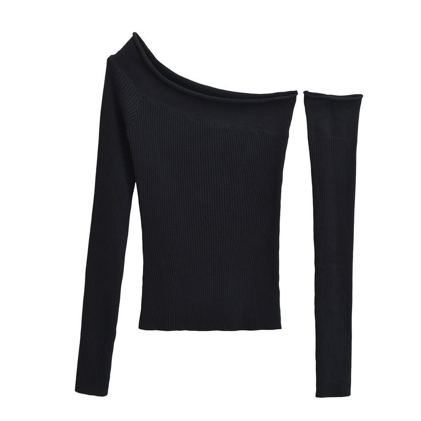 Long-Sleeve Asymmetrical Neck Off-Shoulder Plain Ribbed Knit Top Product Image