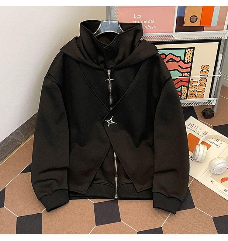 Plain Star Studded Hooded Mock Two-Piece Zip Jacket Product Image