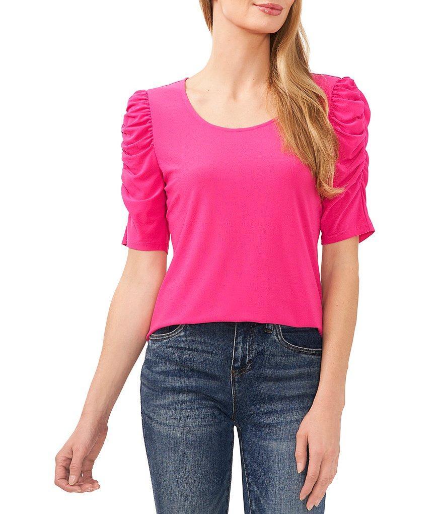 CeCe Crepe Knit Scoop Neck Short Shirred Sleeve Top Product Image