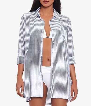 Lauren Ralph Lauren Stripe Camp Shirt Top White) Women's Swimwear Product Image