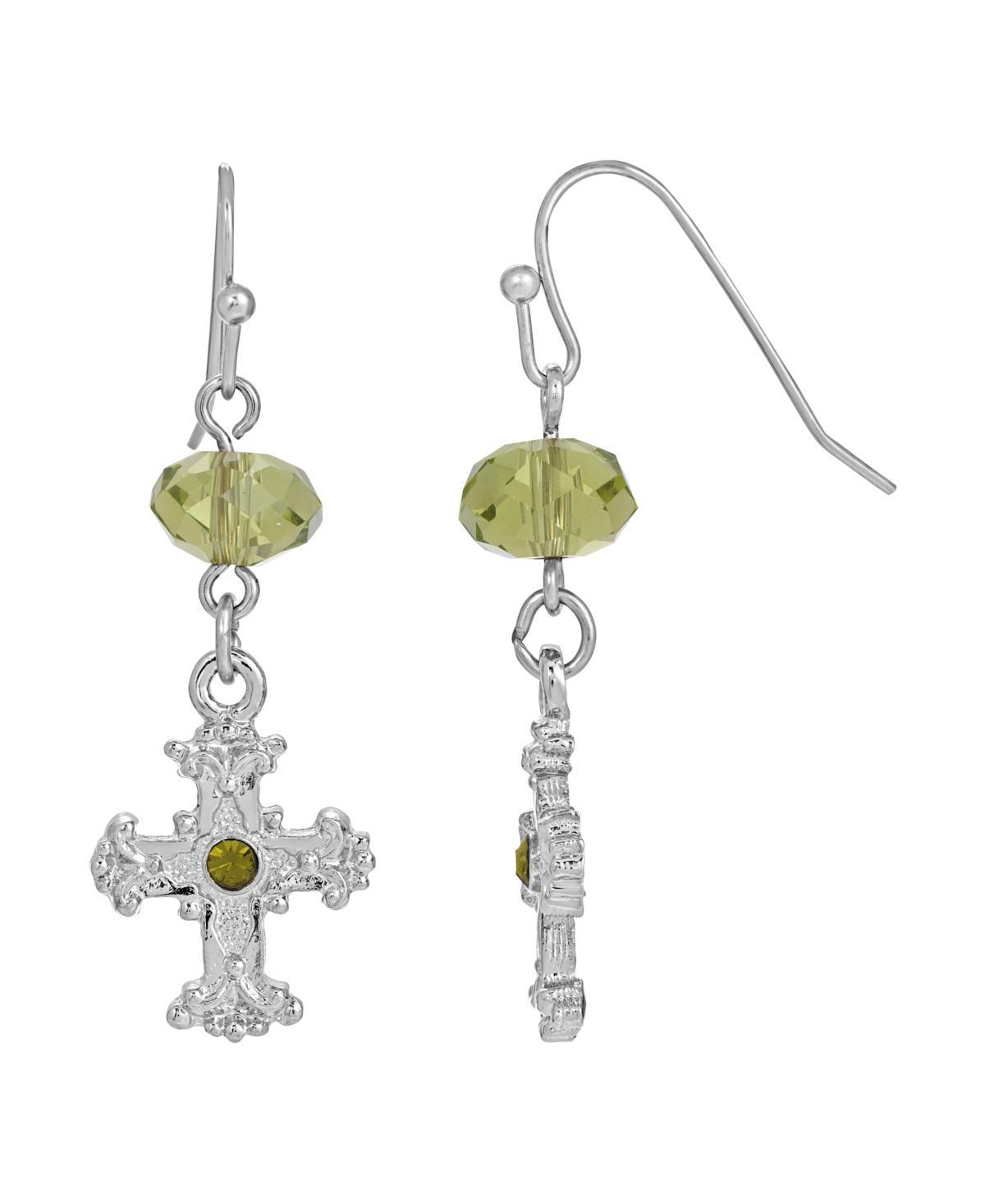 Symbols of Faith Silver-Tone Black Crystal Cross Drop Earrings, Womens, Green Product Image