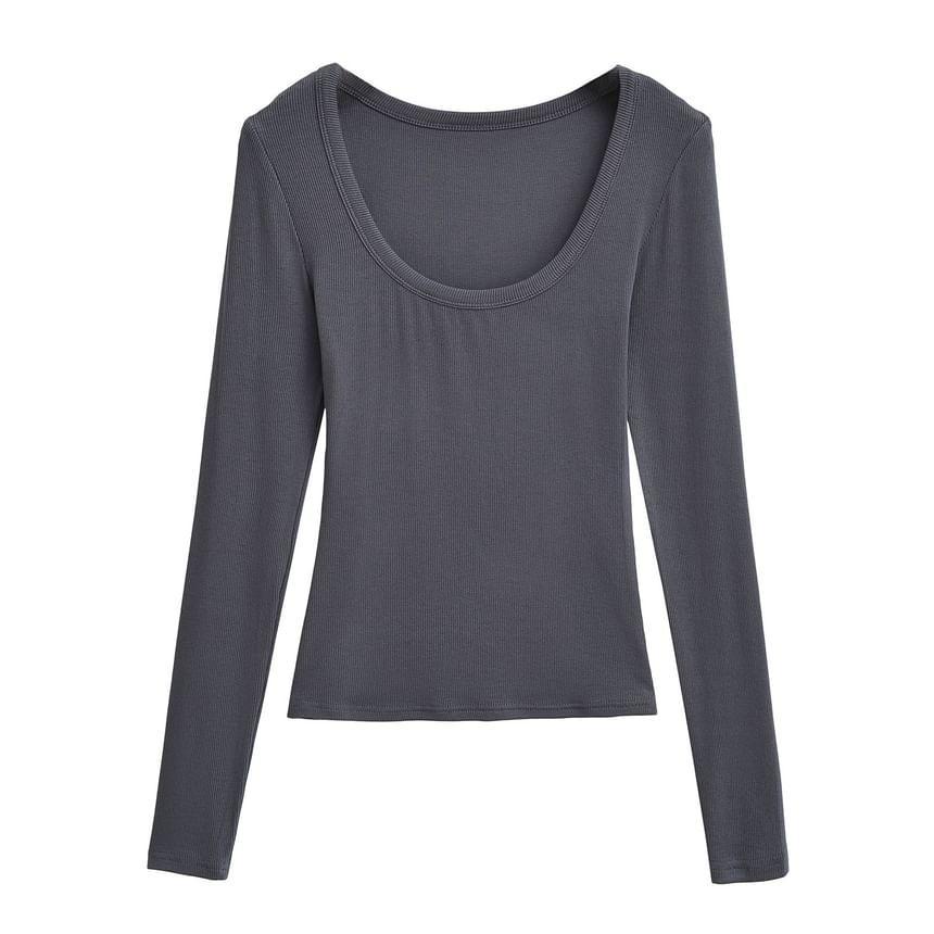 Long-Sleeve Scoop Neck Plain Crop Tee Product Image