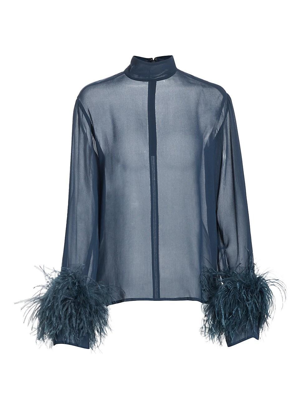 Womens Feather-Trimmed Satin Sheer Blouse product image