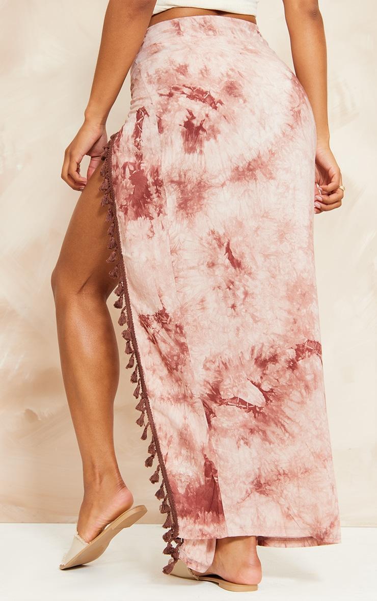 Rust Tie Dye Printed Knot Detail Tassel Hem Maxi Skirt Product Image