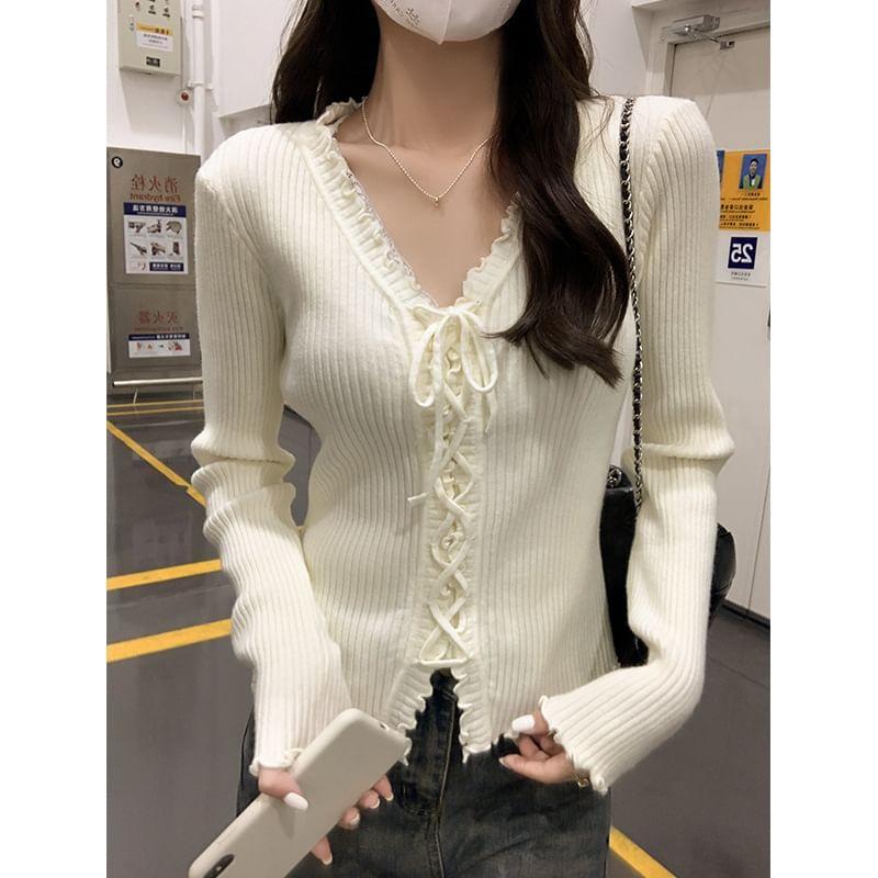 V-Neck Plain Lace-Up Ribbed Lettuce Edge Sweater / Floral Lace Halter Top Product Image