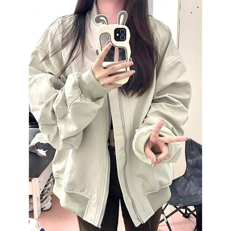 Plain Zip Bomber Jacket Product Image