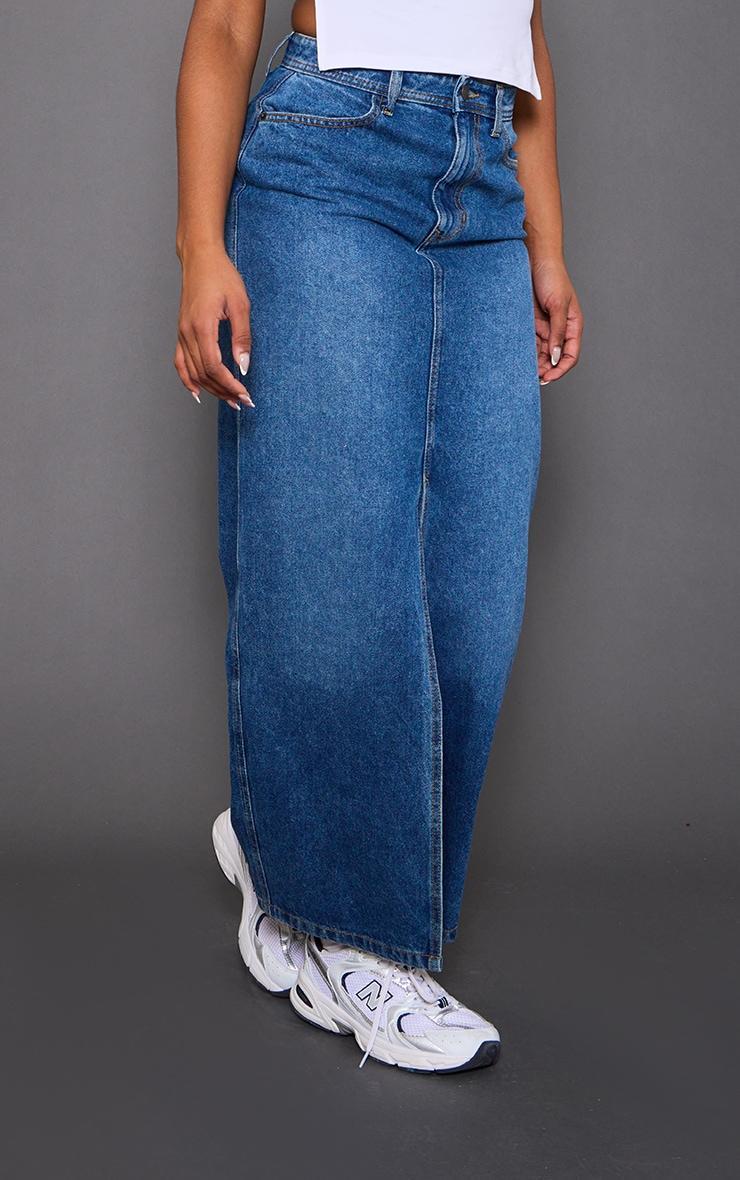 Dark Blue Wash Split Front Denim Maxi Skirt Product Image