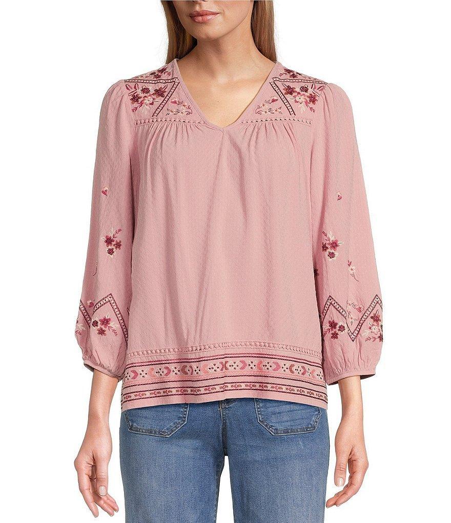 Nurture by Westbound Woven V-Neck 3/4 Sleeve Embroidered Blouse Product Image