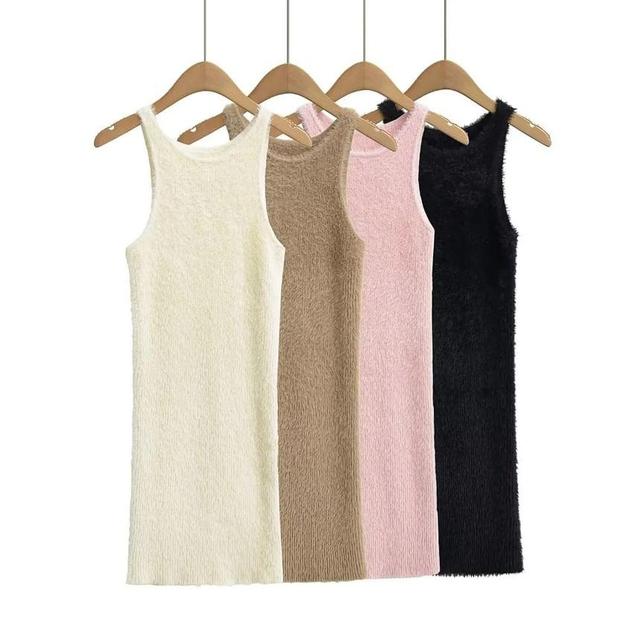 Sleeveless Round Neck Plain Fluffy Bodycon Mini Dress Product Image