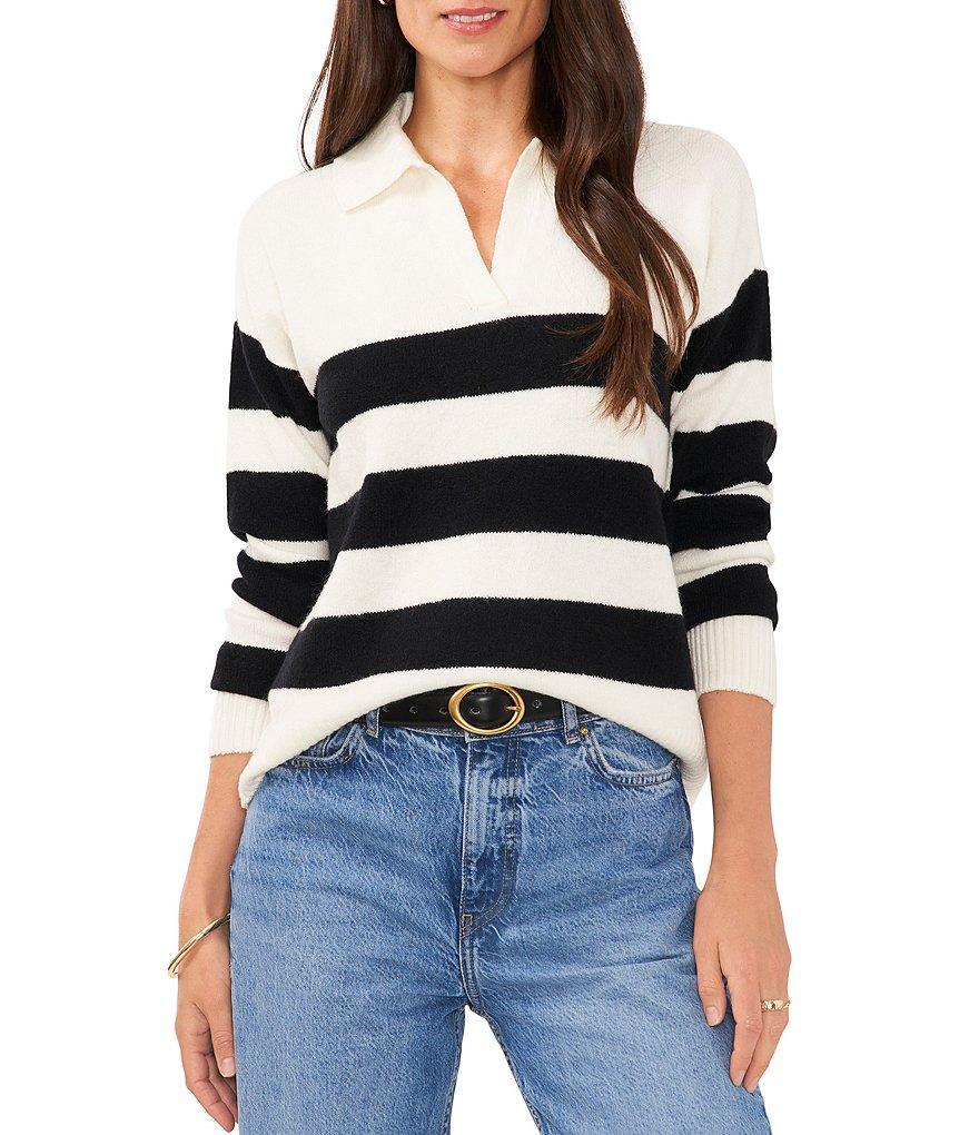 Vince Camuto Wide Striped Long Sleeve Point Collar Ribbed Cuff Knit Sweater Product Image