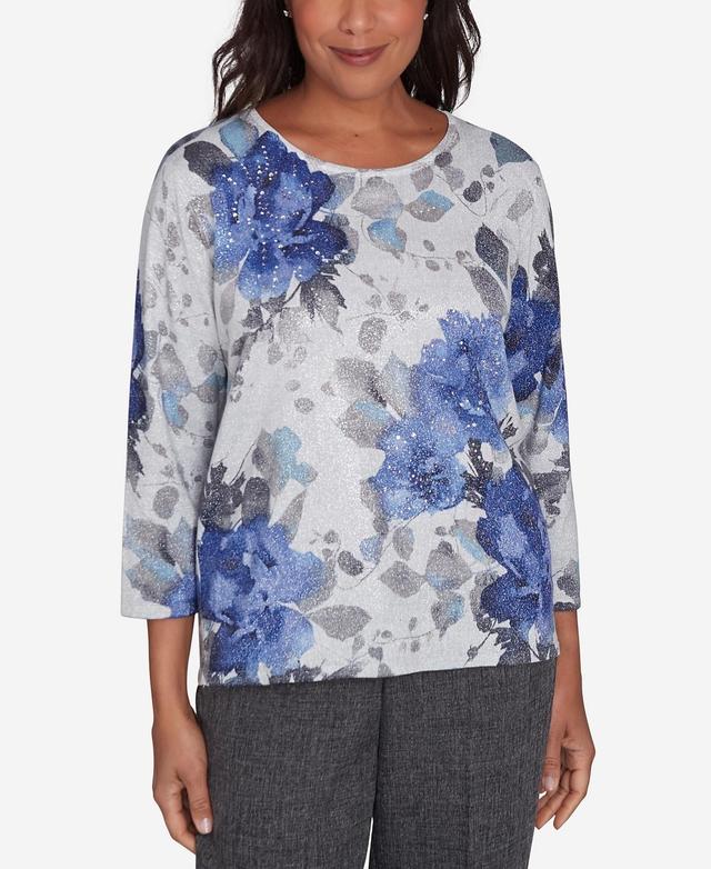 Alfred Dunner Womens Worth Avenue Watercolor Floral Shimmer Crew Neck Top Product Image