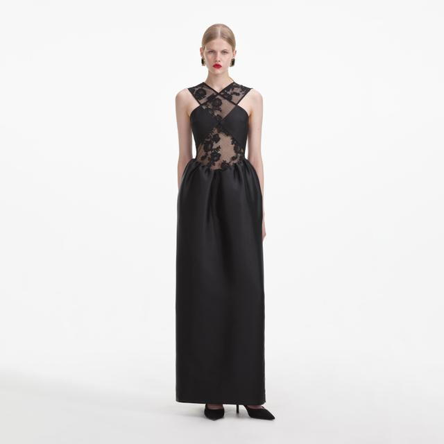 Black Lace Taffeta Maxi Dress Product Image