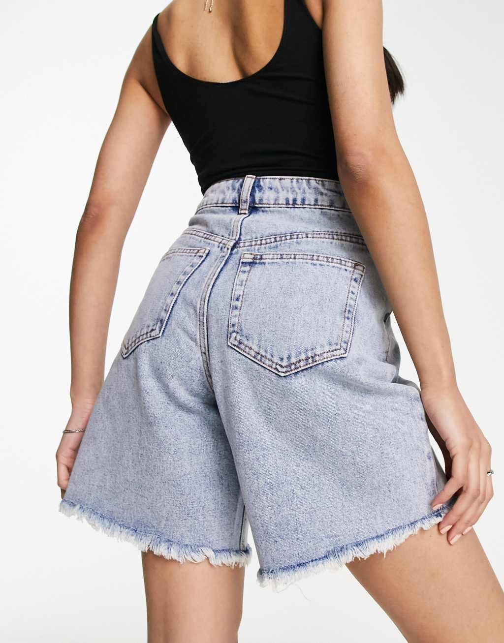 Miss Selfridge long line denim short in acid wash  Product Image