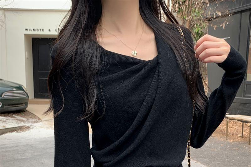 Long Sleeve Asymmetrical Neck Plain Ruched Knit Top Product Image