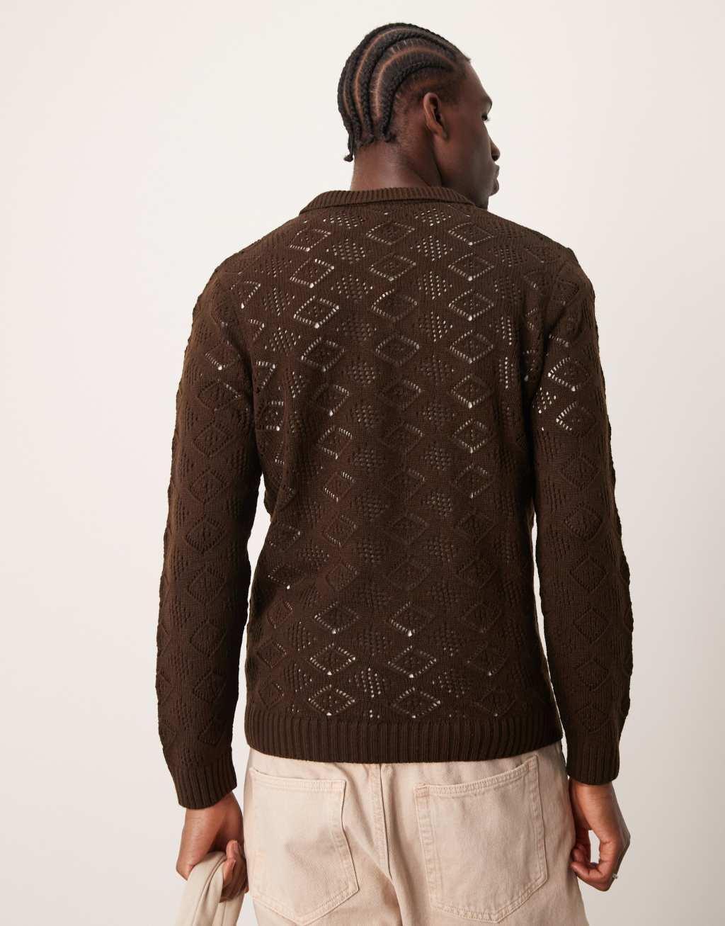 ASOS DESIGN knitted sweater with notch neck in dark brown with texture Product Image