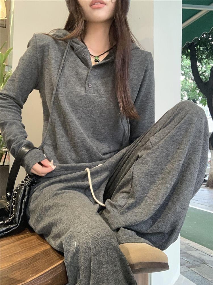 Long-Sleeve Plain Hooded Top / Drawstring Waist Loose-Fit Pants Product Image