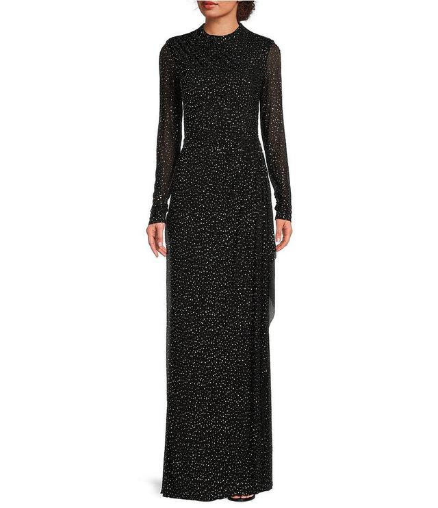 Betsy & Adam Power Mesh Rhinestone Crew Neck Illusion Long Sleeve Gown Product Image