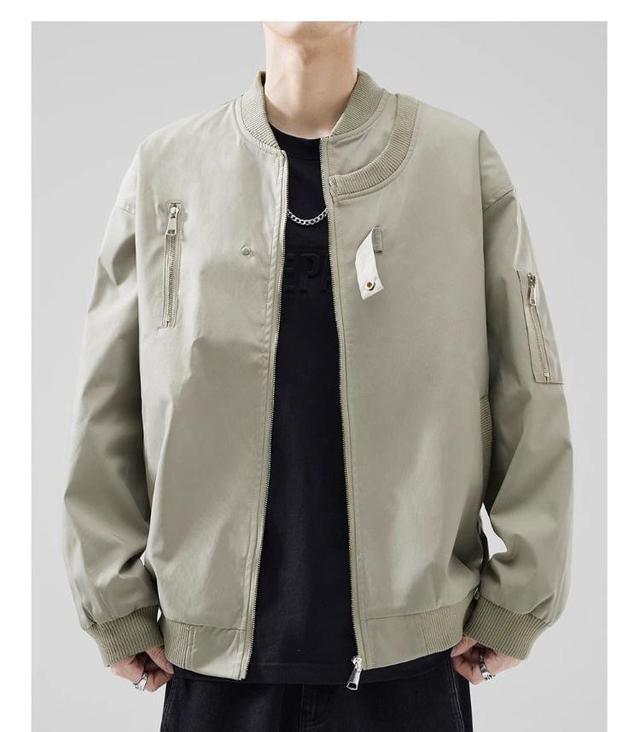 Drop-Shoulder Plain Zip Bomber Jacket Product Image