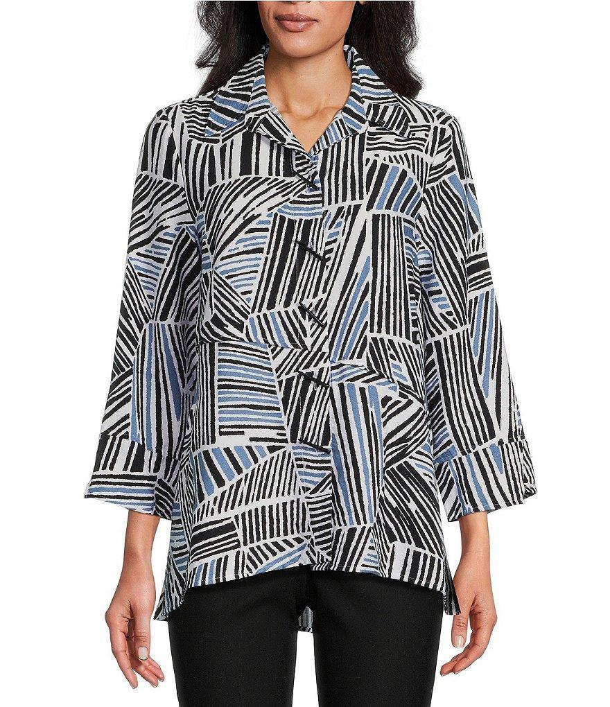 Ali Miles Petite Size Printed Woven Wire Collar 3/4 Sleeve Asymmetric Hem Button-Front Tunic Product Image