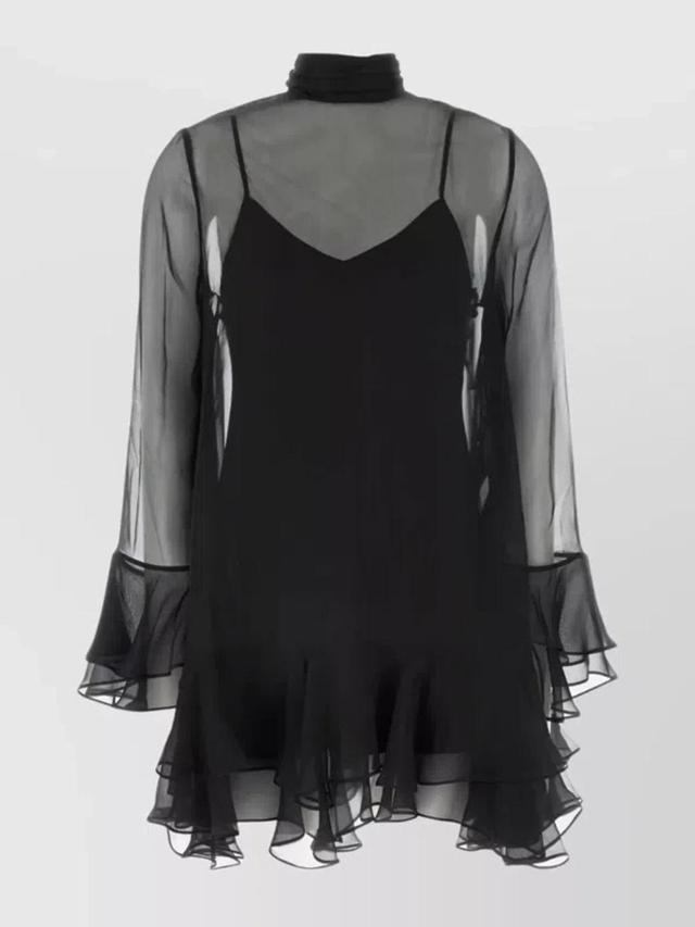 VALENTINO Chiffon Dress With Bow Detail And Ruffle Hem In Black Product Image