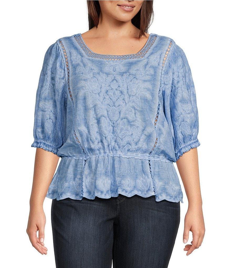 Democracy Plus Size Square Neck 3/4 Sleeve Crochet Trim Peplum Top Product Image