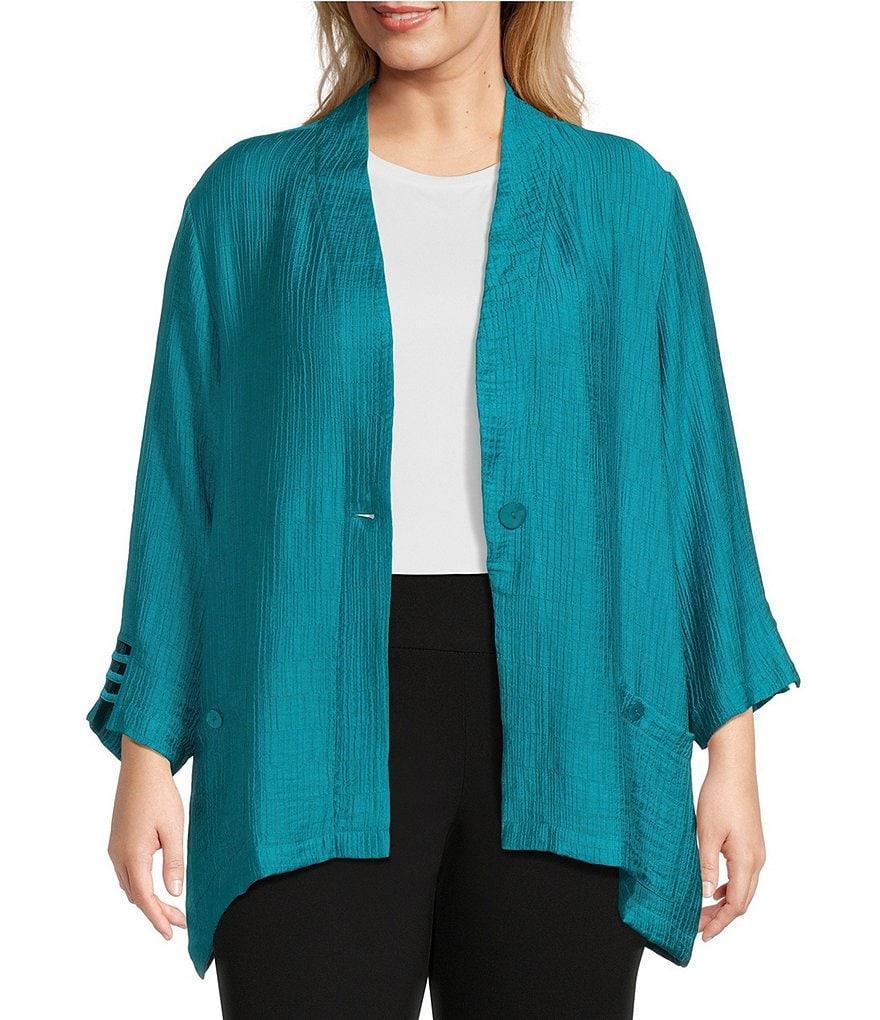 Multiples Plus Size Textured Woven 3/4 Sleeve Fitted Hi Low Hem One-Button Front Jacket Product Image