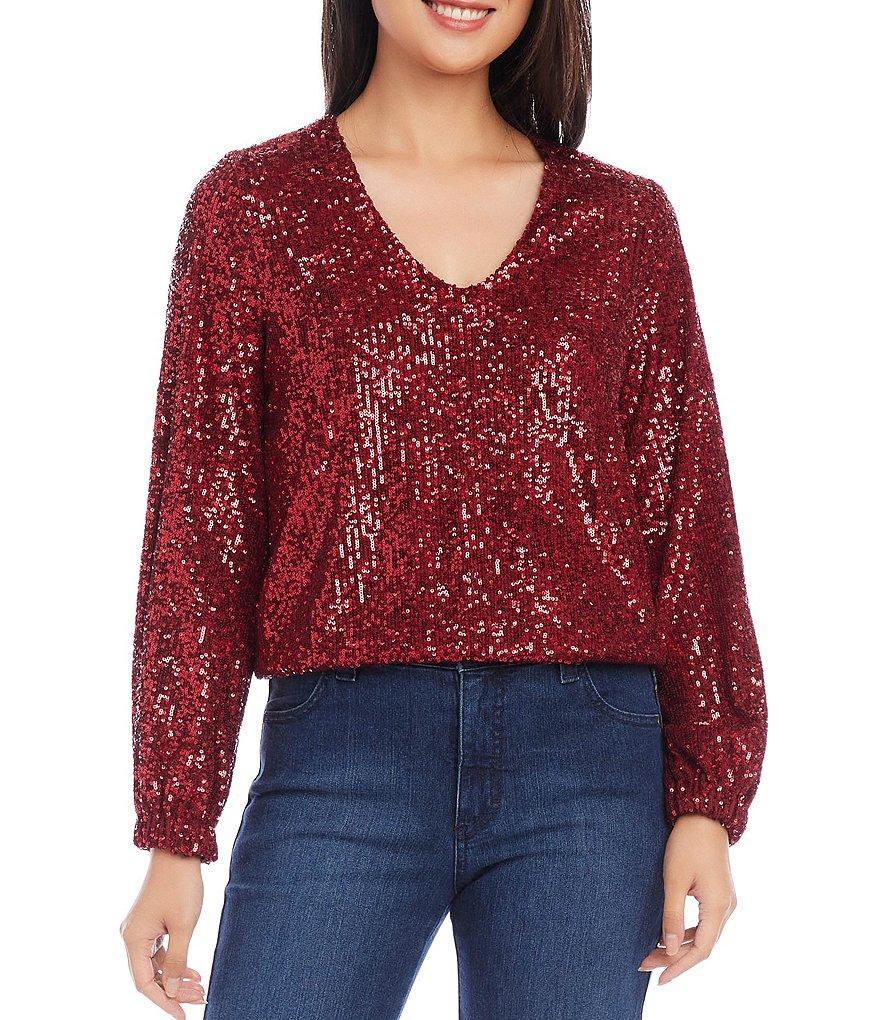 Karen Kane Sequin Mesh Knit V-Neck Blouson Sleeve Elastic Hem Blouse Product Image