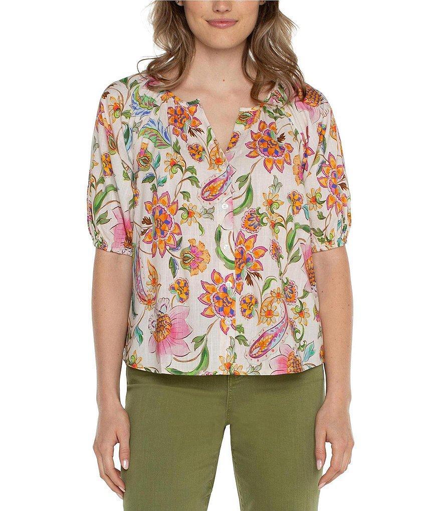 Liverpool Los Angeles Plus Size Woven Floral Print Split Round Neck Short Puff Sleeve Button Front Blouse Product Image