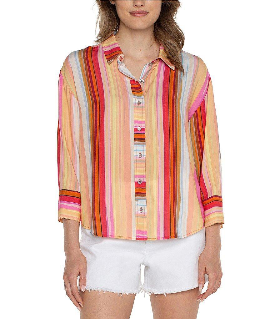 Liverpool Los Angeles Stripe Point Collar 3/4 Sleeve Button Front Blouse Product Image