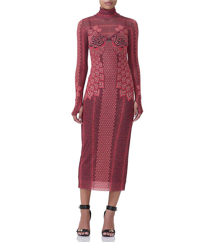 AFRM Shailene Printed Mesh Turtleneck Long Sleeve Midi Dress Product Image