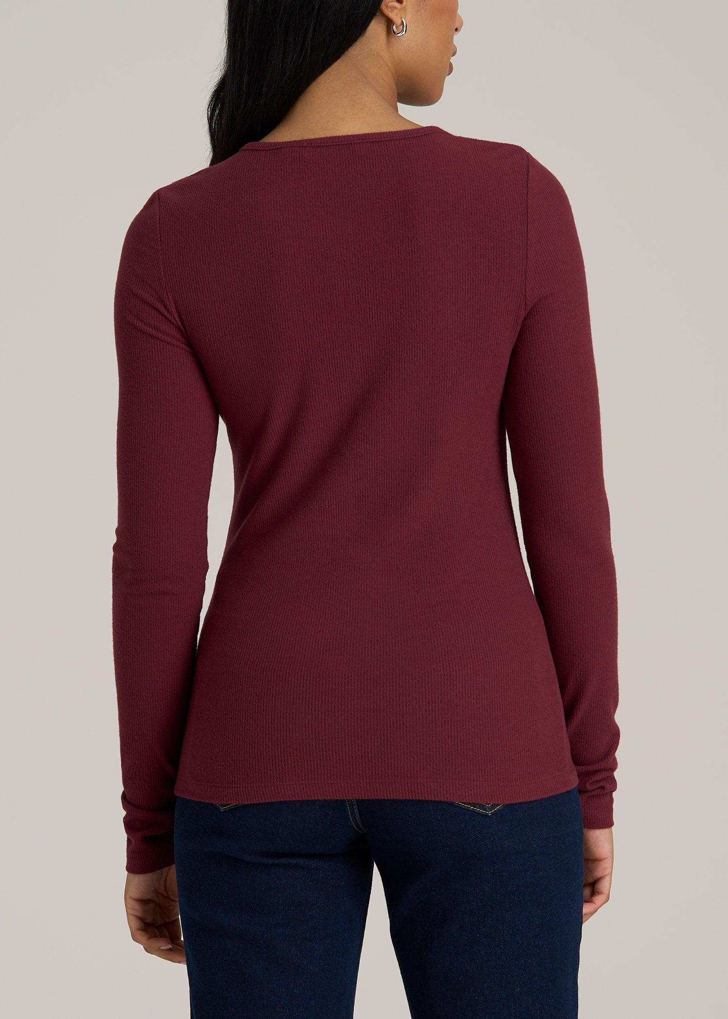 Long Sleeve Ribbed Crewneck Women's Tall Henley Shirt in Red Ochre Product Image