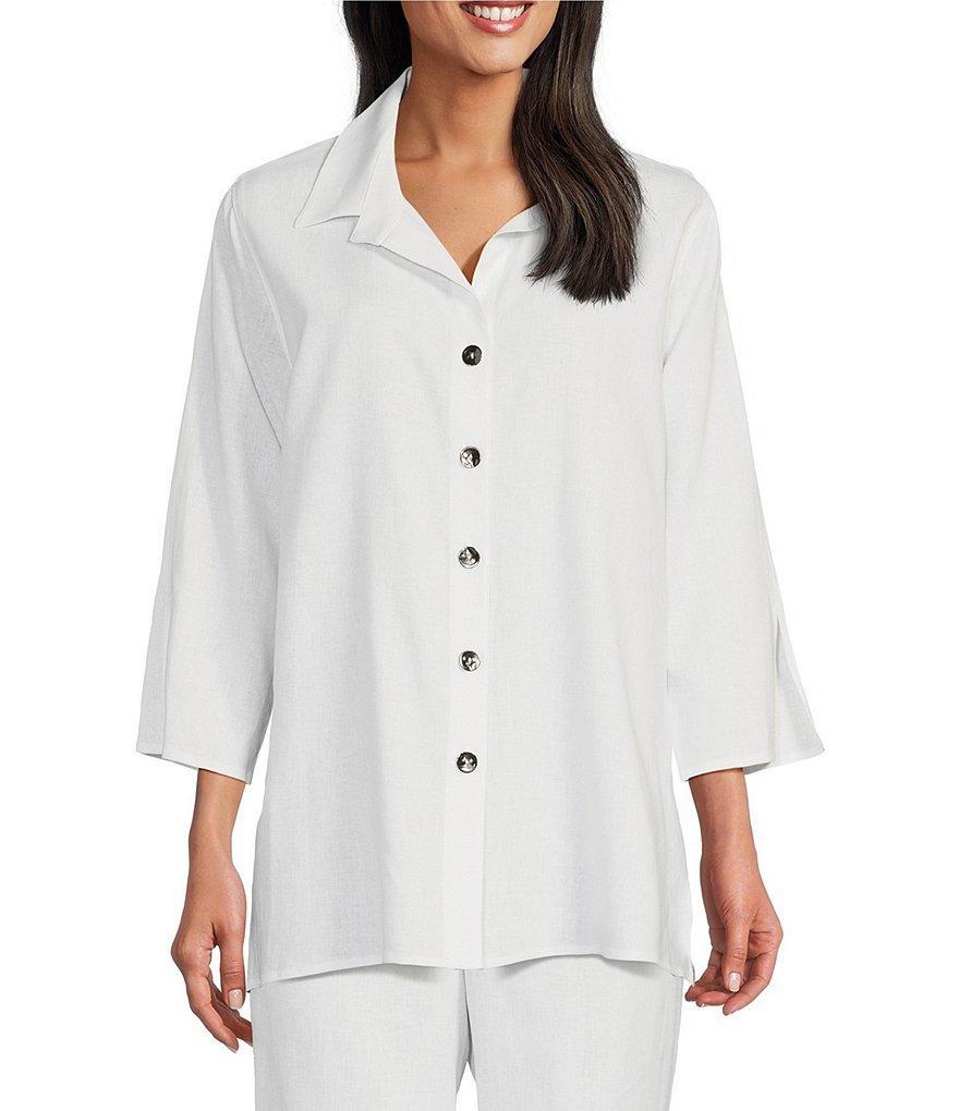 Caroline Rose Linen-Blend Point Collar 3/4 Sleeve Button-Front Breezy Shirt Product Image