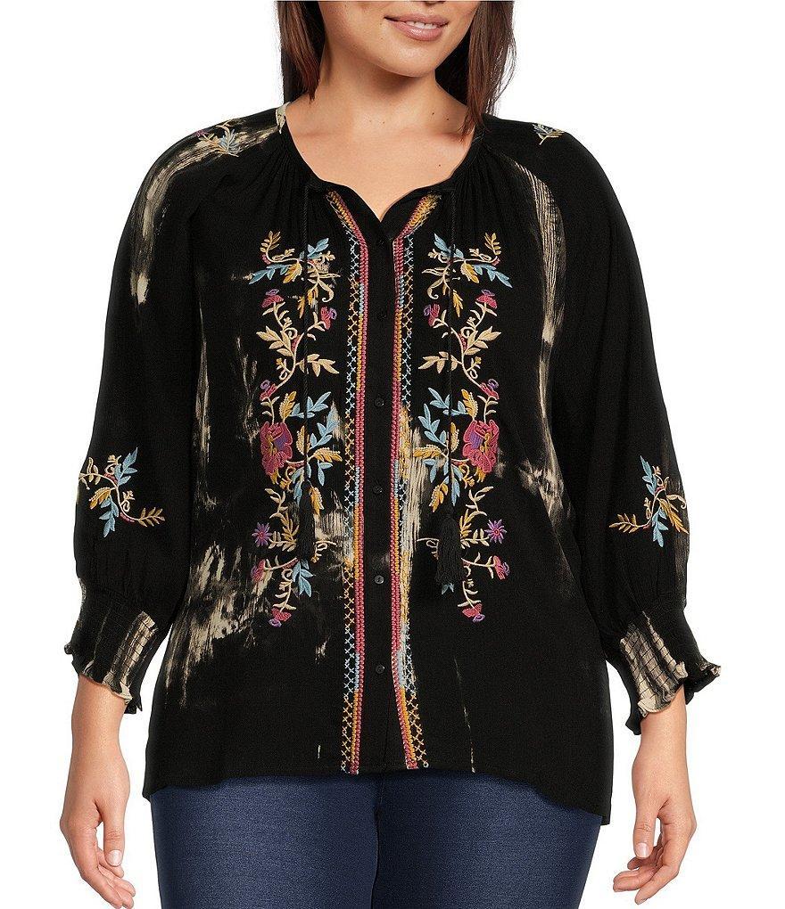 Calessa Plus Size Tie Dye Embroidered V Neckline Top Product Image