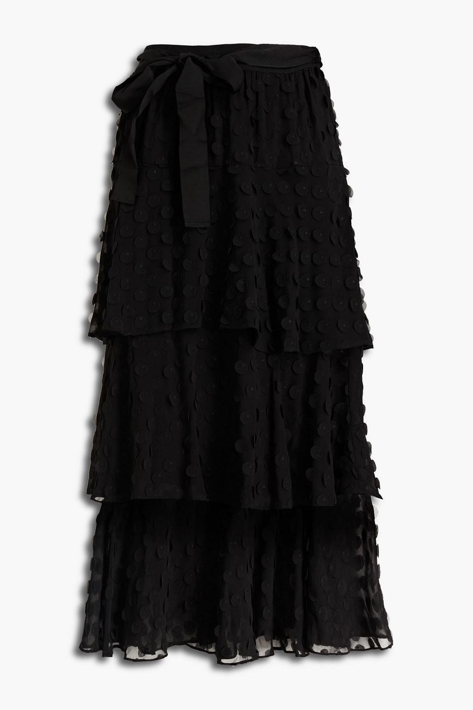 Tiered Embroidered Georgette Midi Skirt In Black product image