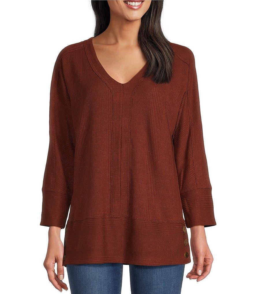 Westbound Petite Size Knit 3/4 Sleeve V-Neck Button Side Hem Top Product Image