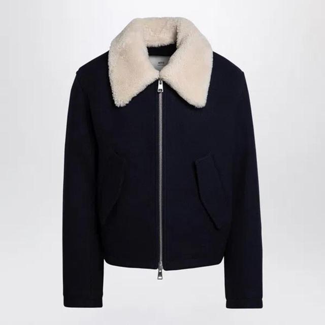 AMI ALEXANDRE MATTIUSSI Ami Wool Blend Jacket With Shearling Collar And Modern Silhouette In Blue Product Image